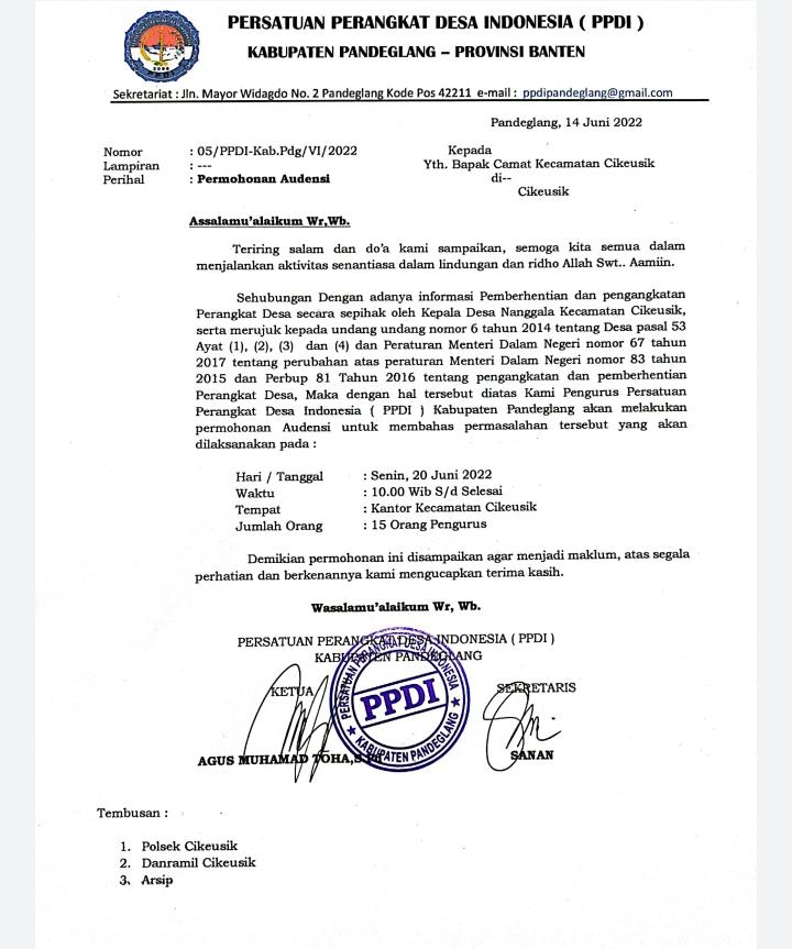 Sikapi Dugaan Pemberhentian Prades, PPDI Pandeglang Layangkan Surat Audiensi