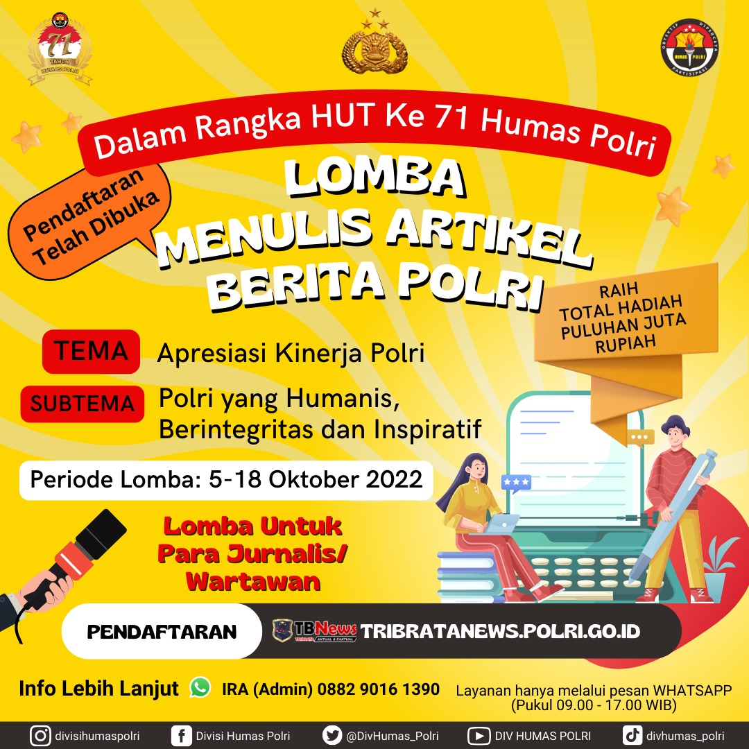 Divisi Humas Polri Gelar Lomba Menulis Artikel Berita untuk Jurnalis, Ini Syaratnya!