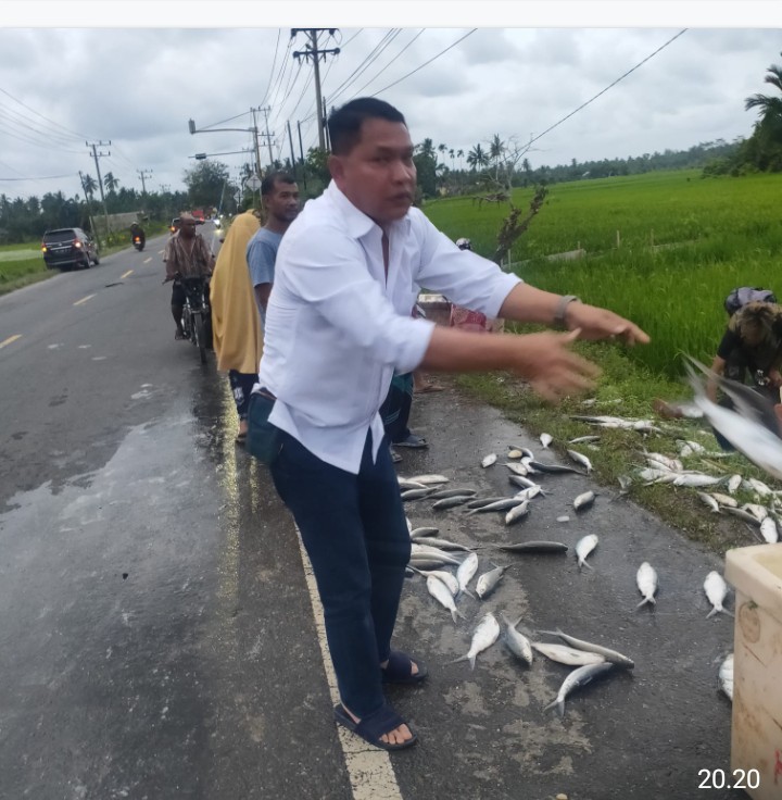 Kabag OPS Polres Aceh Timur Bantu Evakuasi Mobil Bermuatan Ikan Yang Terbalik.