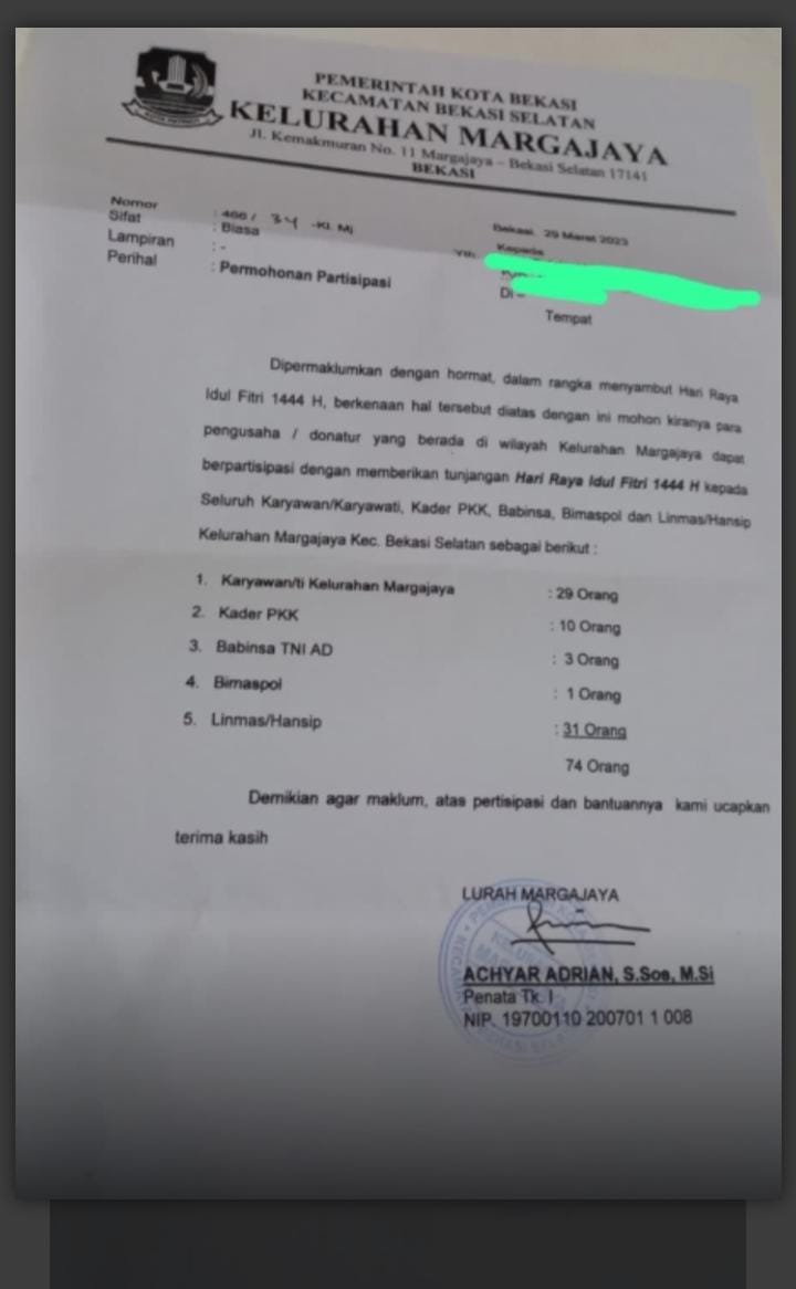 Beredar sebuah surat yang dikirim pada pengusaha di wilayah Kelurahan Marga Jaya Kecamatan Bekasi Selatan Kota Bekasi.