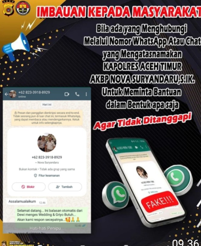 Hati Hati Terhadap Akun WhatsApp Mengatasnamakan Kapolres Aceh Timur