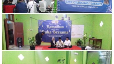 Ketua yayasan SMK Cilincing 1 Jakarta Utara memberikan santunan kepada anak yatim piatu 